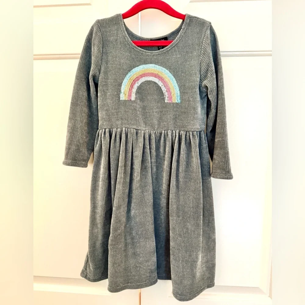 Zunie Kids' Paris Chenille Long Sleeve Dress with Sequin Rainbow 🌈